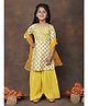 Kinder Kids Cotton Woven Three Fourth Sleeves Floral Printed Gota Lace Embellished Kurti & Sharara With Dupatta Set - Yellow