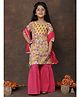 Kinder Kids Cotton Woven Three Fourth Sleeves Floral Printed Gota Lace Embellished Kurti & Sharara With Dupatta Set - Yellow