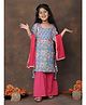Kinder Kids Cotton Woven Three Fourth Sleeves Floral Printed Gota Lace Embellished Kurti & Sharara With Dupatta Set - Blue