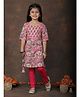 Kinder Kids Cotton Woven Three Fourth Sleeves Floral Printed Gota Lace Embellished Kurti & Leggings Set - Pink