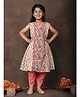 Kinder Kids Cotton Woven Sleeveless Floral Printed Threadwork Detailed Frock Style Kurti & Dhoti Set - Peach