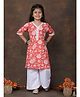 Kinder Kids Cotton Woven Three Fourth Sleeves Floral Printed Threadwork Detailed Kurti & Palazzo Set - Red