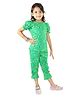 Kids Cave Cotton Elastane Knit Half Puffed Sleeves Doodle Art Printed Coordinating Top & Capris Set - Green