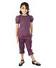 Kids Cave Cotton Elastane Knit Half Puffed Sleeves Floral Printed Coordinating Top & Capris Set - Wine Purple