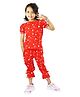 Kids Cave Cotton Elastane Knit Half Puffed Sleeves Stars Printed Coordinating Top & Capris Set  - Red