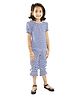 Kids Cave Cotton Elastane Knit Half Puffed Sleeves Striped Coordinating Top & Capris Set - Blue & White