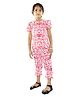 Kids Cave Cotton Elastane Knit Half Puffed Sleeves Floral Printed Coordinating Top & Capris Set - White & Red