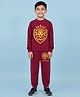 Trampoline Cotton Blend Knit Full Sleeves Lion Printed Tee With Coordinating Joggers Set - Maroon