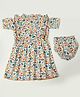 Bella Moda Cotton Woven Half Sleeves Fruits Printed Lace Detailed Dress With Bloomer - White