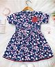 Bella Moda Cotton Woven Half Sleeves Leaves Printed Floral Applique Detailed Dress - Navy Blue
