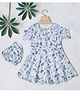 Bella Moda Cotton Woven Half Sleeves Cat & Monuments Printed Dress With Bloomer - White
