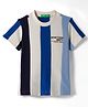 UCB 100% Cotton Knit Half Sleeves T-Shirt with Vertical Stripe & Brand Name Print - White & Blue