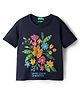 UCB 100% Cotton Knit Half Sleeves T-Shirt with Floral Puff Print - Navy Blue