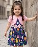 Babyhug Single Jersey Knit Floral Printed Frock with Half Sleeves Shrug & Bow Applique - Pink & Navy Blue