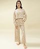 Lil Tomatoes Cotton Knit Full Sleeves Leopard Printed Coordinating Night Suit Set - Cream