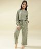 Lil Tomatoes Cotton Knit Full Sleeves Leopard Printed Coordinating Night Suit Set - Olive Green