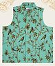 Little Bansi Cotton Woven Sleeveless Floral & Birds Printed Nehru Jacket - Turquoise Green