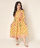 LIL PITAARA Pure Cotton Woven Three Fourth Sleeves Floral Printed Gota Lace Embellished Dress - Yellow