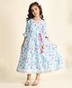 LIL PITAARA Pure Cotton Knit Three Fourth Sleeves Floral Printed & Gota Lace Embellished Ethnic Dress - Blue