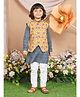 LIL PITAARA Pure Cotton Woven Full Sleeves Checked Kurta & Pyjama With Floral Printed Jacket Set - Blue