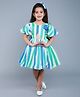 PinkChick Cotton Woven Half Puffed Sleeves Cut Out Detailed Striped Dress With Hair Clip - Blue