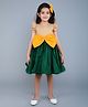 PinkChick Cotton Woven Frill Sleeves Colour Blocked Bow Applique Detailed Dress With Hair Clip - Beige & Green
