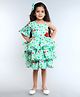 PinkChick Cotton Woven Half Flutter Sleeves Hearts Printed Layered Dress With Hair Clip - Aqua Blue