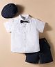 ToffyHouse Poplin Woven Half Sleeves Printed Party Shirt & Shorts Set With Cap Bow & Suspender - Navy Blue & White