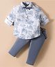 ToffyHouse Poplin Woven Full Sleeves Printed Party Shirt & Trouser Set With Bow & Suspender - Royal Blue & White