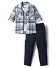 Dapper Dudes Full Sleeves Checked Shirt & Pant With Typography Printed Tee Set - Blue