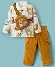 WOW Clothes Cotton Knit Full Sleeves Animal Printed Polo T-Shirt & Corduroy Trouser Set with Sling Bag - Khaki & White