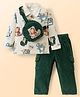WOW Clothes Cotton Knit Full Sleeves Animal Printed Polo T-Shirt & Corduroy Trouser Set with Sling Bag - Dark Green