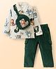 WOW Clothes Cotton Knit Full Sleeves Text Printed T-Shirt & Corduroy Trouser Set with Sling Bag - Dark Green & White