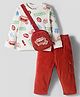 WOW Clothes Cotton Knit Full Sleeves Text Printed T-Shirt & Corduroy Trouser Set with Sling Bag - Rust Orange & White