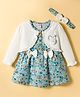 WOW Cotton Knit Full Sleeves Floral Printed Frock With Bow Applique & Headband - Sea Green & White