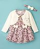 WOW Cotton Knit Full Sleeves Floral Printed Frock With Bow Applique & Headband - Light Pink & White