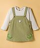 WOW Clothes Cotton Knit Frock & Full Sleeves Inner Tee With Floral Embroidery - Olive Green & White