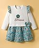 WOW Clothes Cotton Knit Full Sleeves Floral Printed & Embroidered Frock With Bow Applique - Sea Green & White
