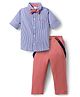 Babyhug 100% Cotton Woven Full Sleeves Striped Shirt & Pant Set With Bow & Suspender - Blue & Pink