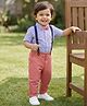 Babyhug 100% Cotton Woven Full Sleeves Striped Shirt & Pant Set With Bow & Suspender - Blue & Pink