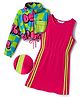 OLLINGTON ST. Cotton Lycra Rib Inner Dress & Printed Knit Full Sleeves Jacket Set - Multicolor & Dark Pink