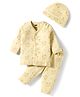 Simply Interlock Knit Full Sleeves Front Open Co-ord Night Suit With Teddy Bear Print & Cap - Yellow