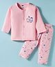 Simply Sinker Knit Full Sleeves Front Open Night Suit With Space Theme Print - Baby Pink