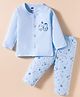 Simply Sinker Knit Full Sleeves Front Open Night Suit With Space Theme Print - Light Blue