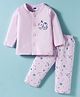 Simply Sinker Knit Full Sleeves Front Open Night Suit With Space Theme Print - Lilac