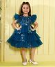 Ministitch Net Woven Flutter Sleeves Floral Embroidered & Sequins Embellished Tiered Dress - Teal