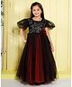 Ministitch Net Woven Half Puffed Sleeves Floral Designed Shimmered Gown - Black