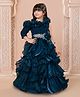 Ministitch Organza Woven Three Fourth Sleeves Stones Embellished Ruffles Detailed Shimmered Gown - Teal Blue