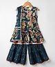 Teentaare Cotton Woven Sleeveless Kurti Gharara Set with Dupatta & Floral Print - Navy Blue