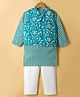 Teentare Cotton Woven Kurta Pajama & Jacket Set With Floral & Polka Dot Print - Turquoise & White